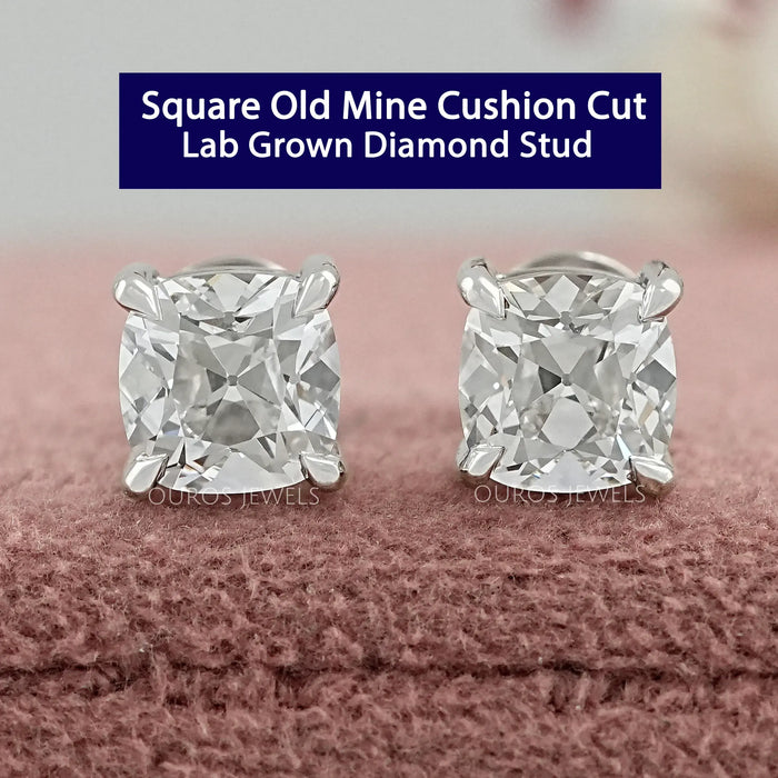Old Mine Square Cushion Cut Diamond Stud