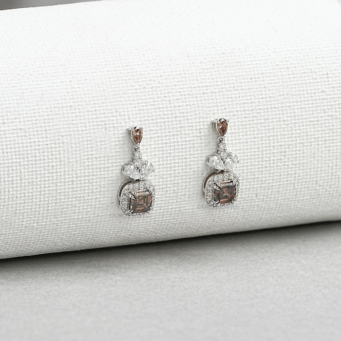 Brown Asscher Cut Halo Drop Earrings