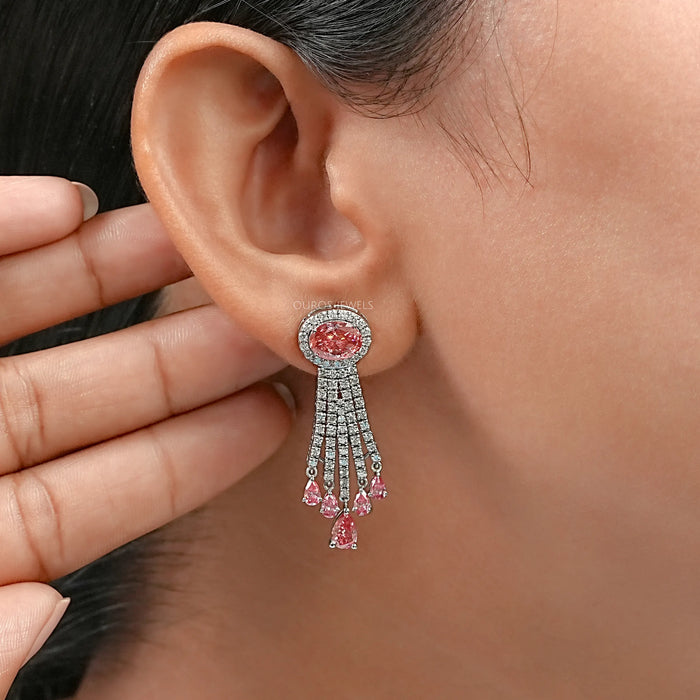 Pink Oval Cut Diamond Chandelier Earrings