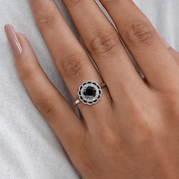round black lab diamond double halo engagement ring in finger