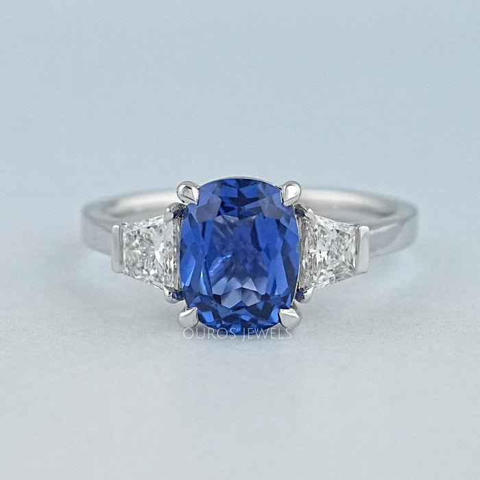 Cushion Cut Sapphire and Trapezoid Lab Diamond Ring