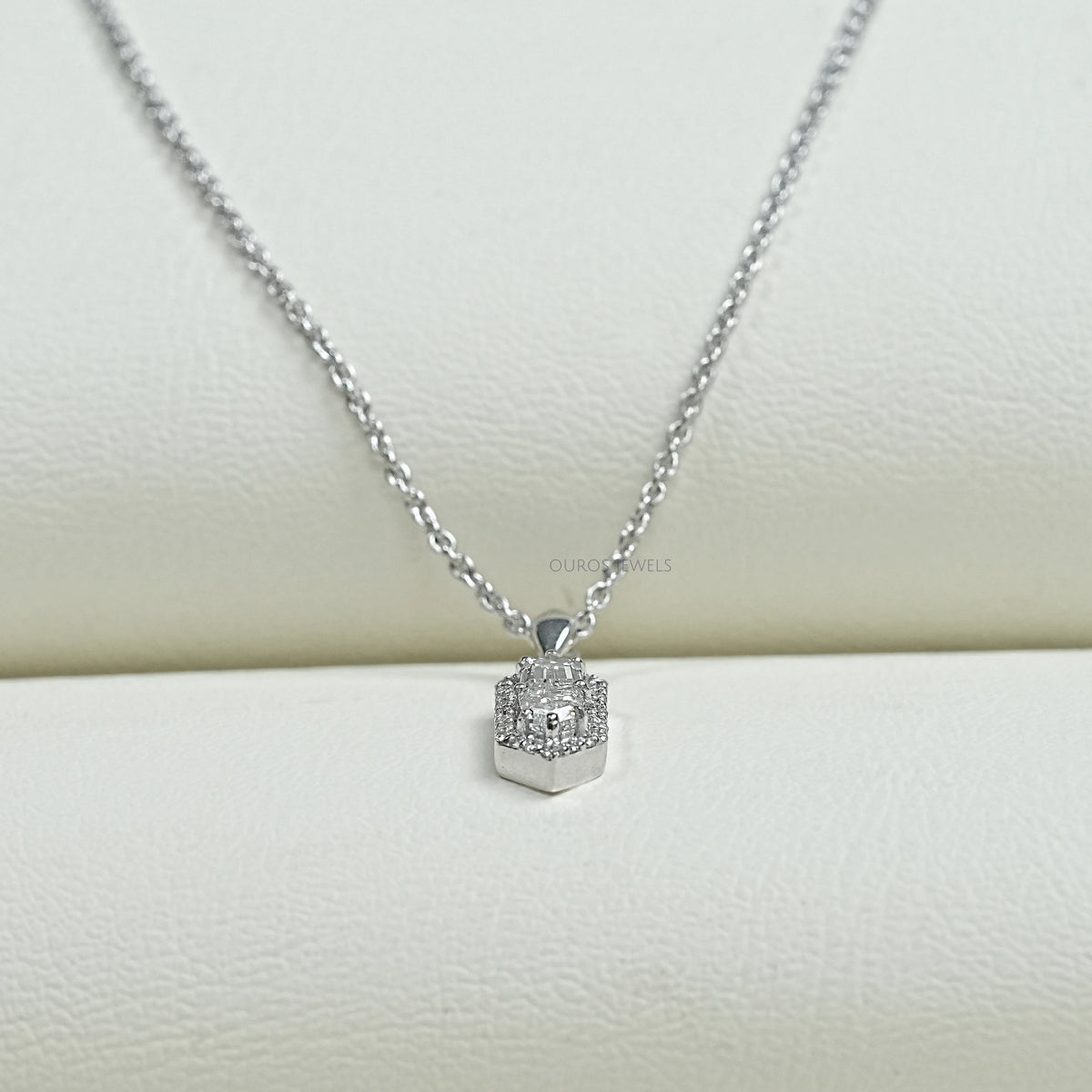 Step Cut Arrow Diamond Halo Pendant Necklaces