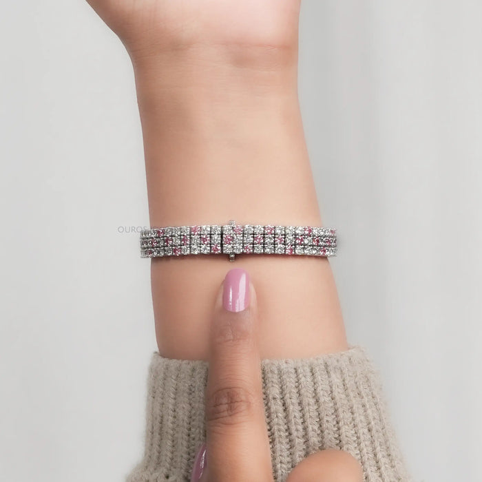 3 Row Pink Round Cut Lab Diamond Bracelet
