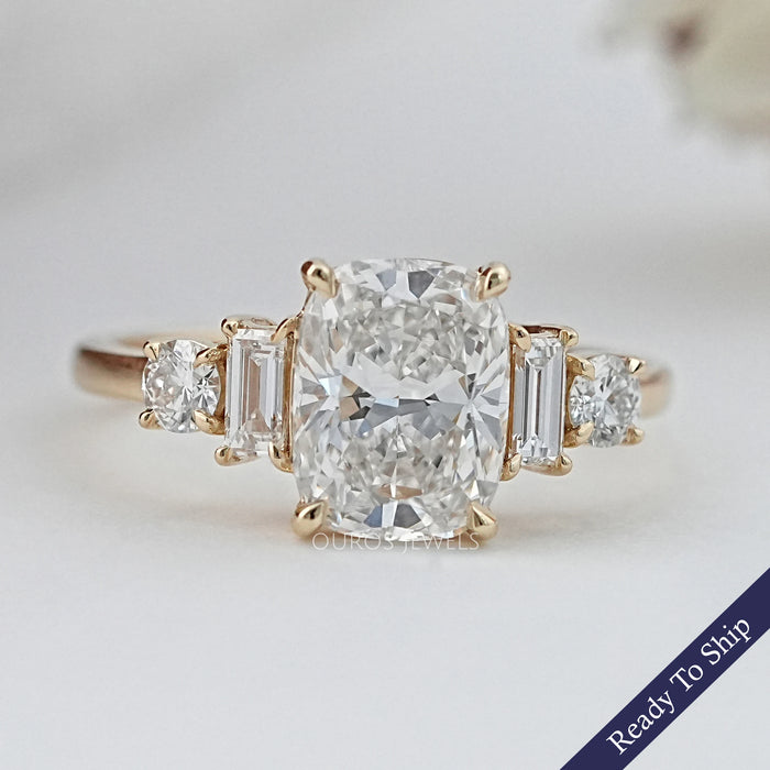 Elongated Cushion And Baguette Diamond Five Stone Engagement Ring
