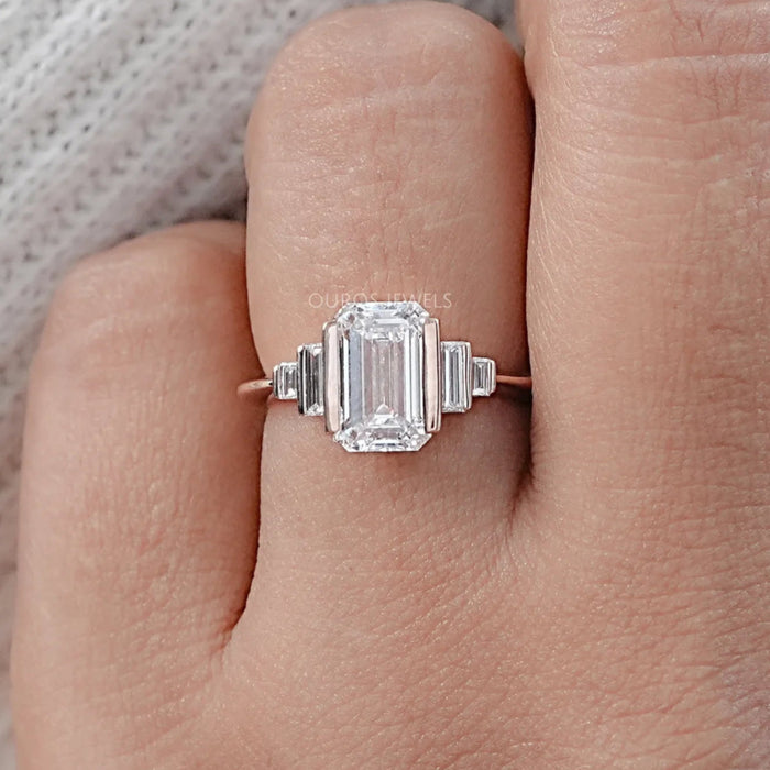 Emerald Half Bezel Baguette Diamond Ring