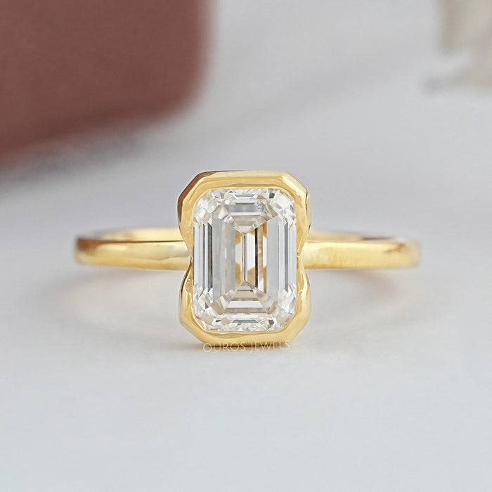 Emerald Diamond Bezel Set Solitaire Engagement Ring
