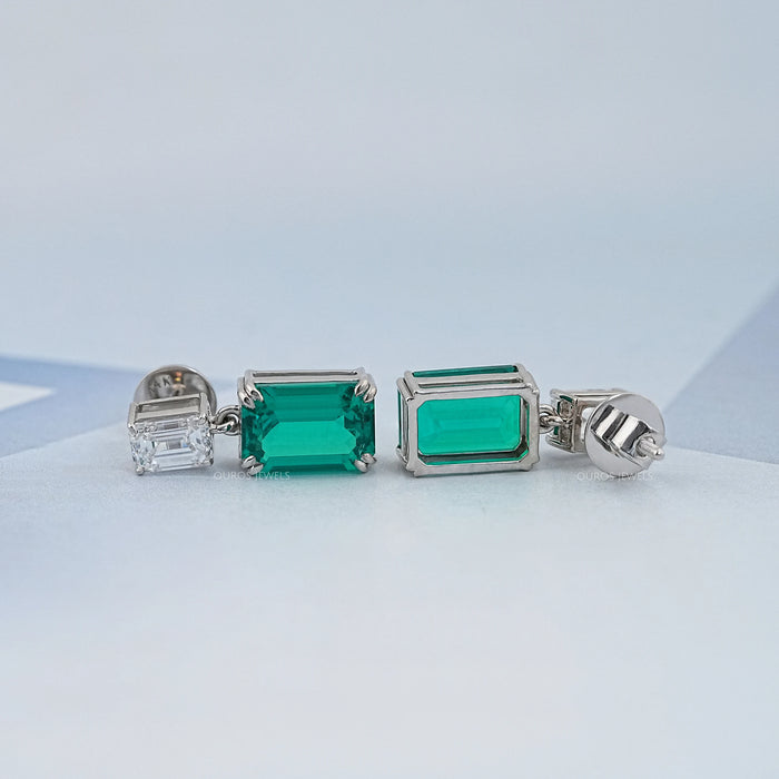 Two Stone Green Emerald Gemstone Drop Earrings