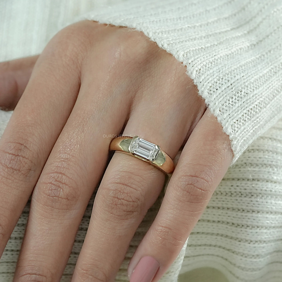 East West Emerald Lab Diamond Wide Band Ring
