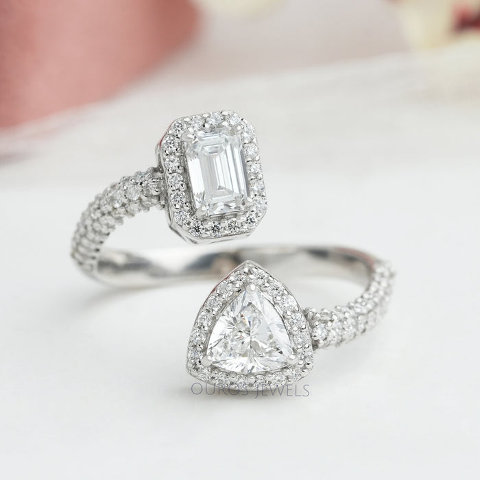 Emerald and Trillion Diamond Bypass Halo Engagement Ring
