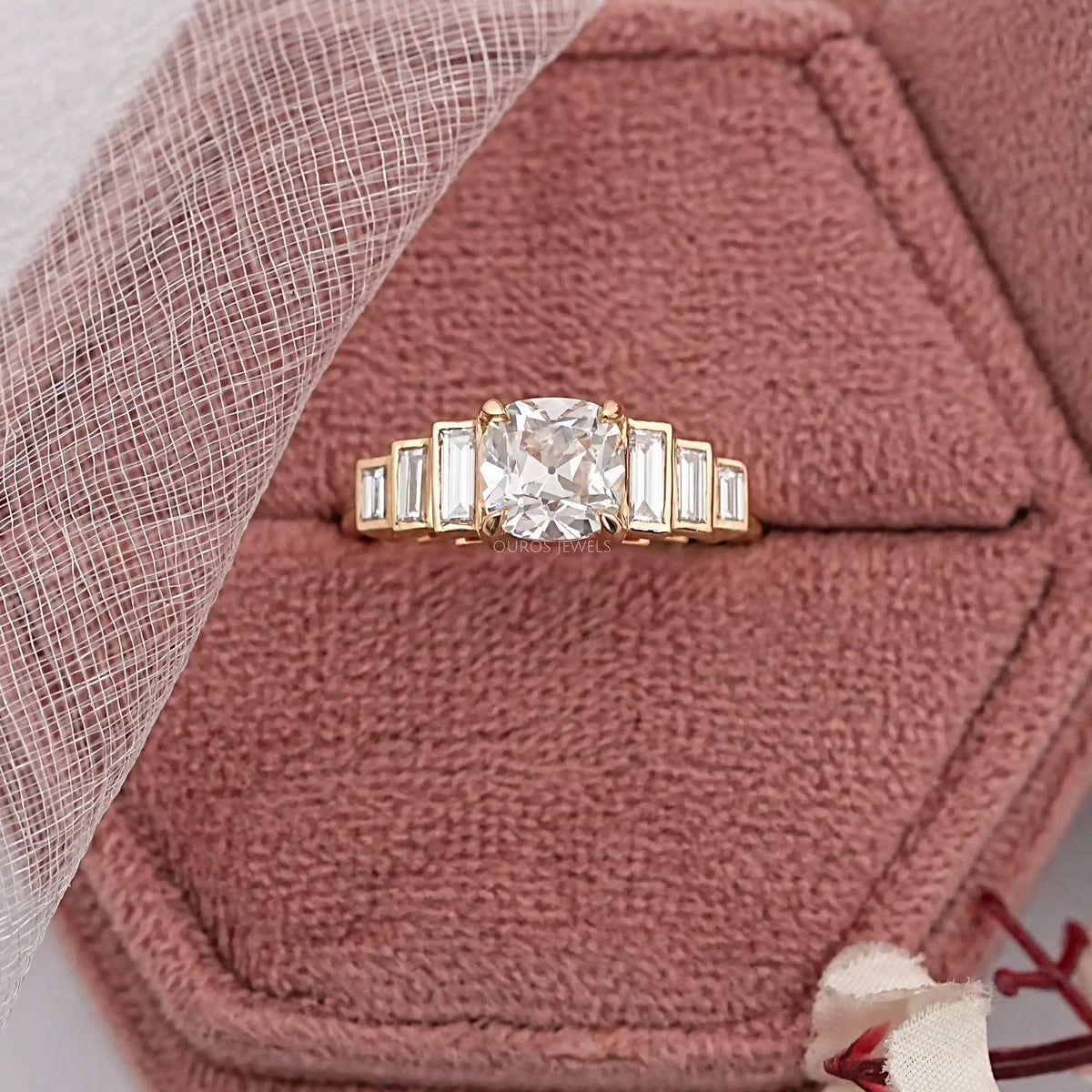 Old Mine Cushion Diamond And Accent Baguette Ring