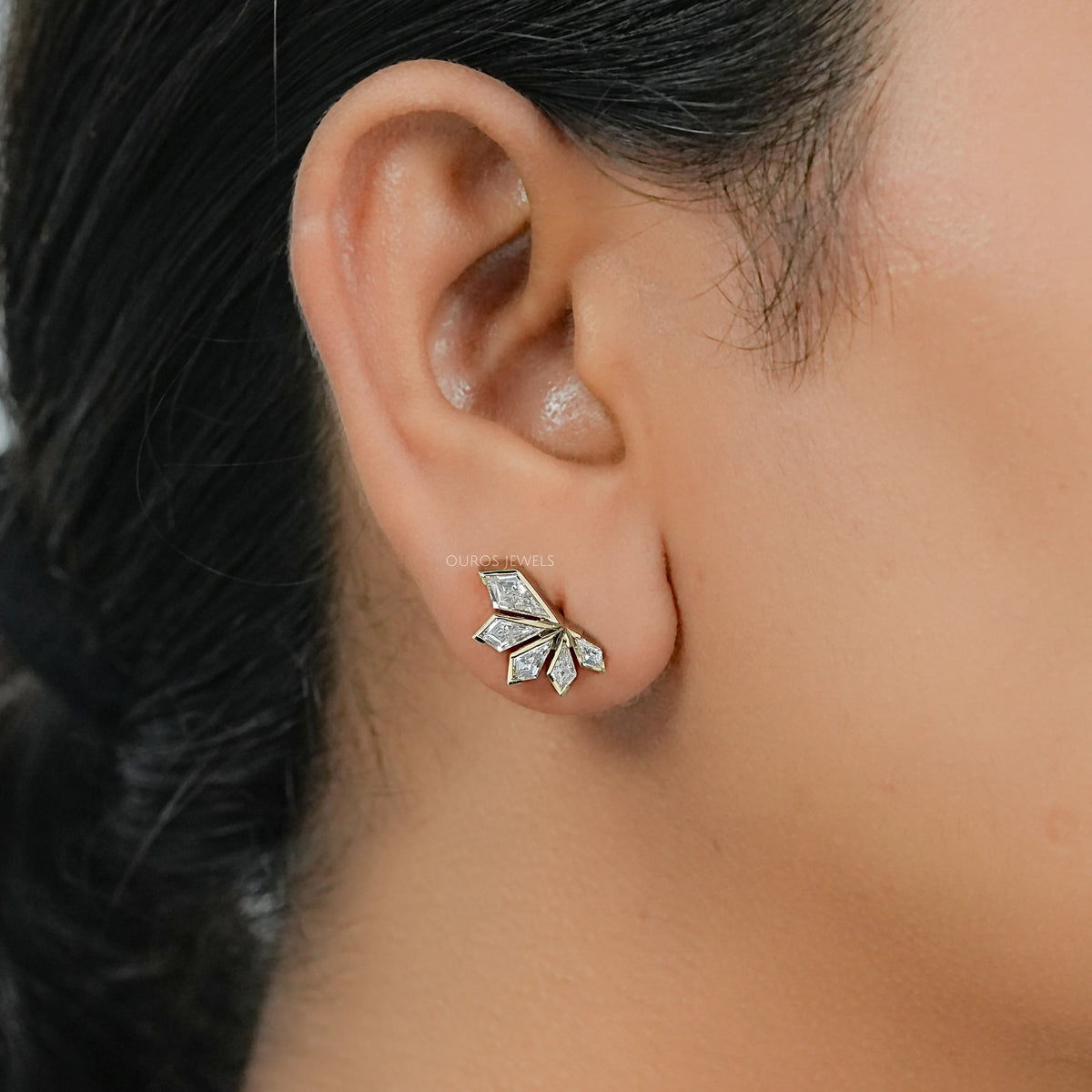 Step Cut Kite Half Bezel Fan Shape Stud Earrings