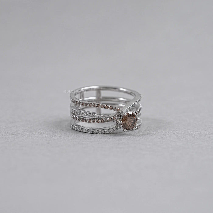 Brown Round Diamond Crossover Ring
