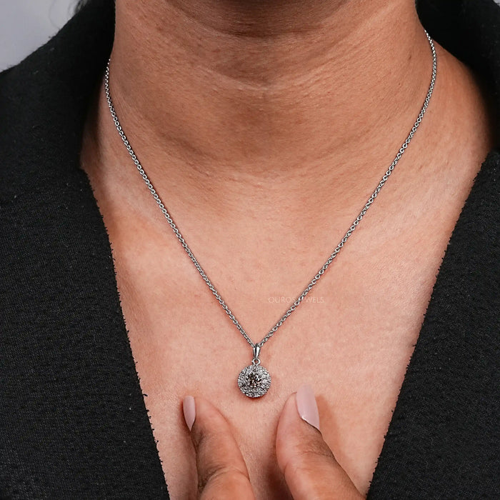 Round Shape Brown Diamond Solitaire Halo Pendant