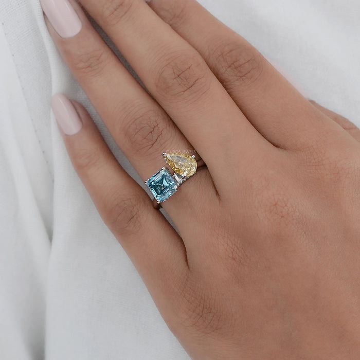 Asscher and Pear Toi Et Moi With Hidden Halo Ring