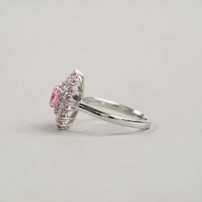 pink oval cut diamond double halo engagement ring's left side view