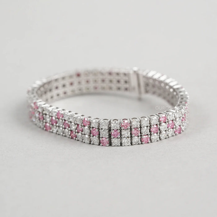 3 Row Pink Round Cut Lab Diamond Bracelet