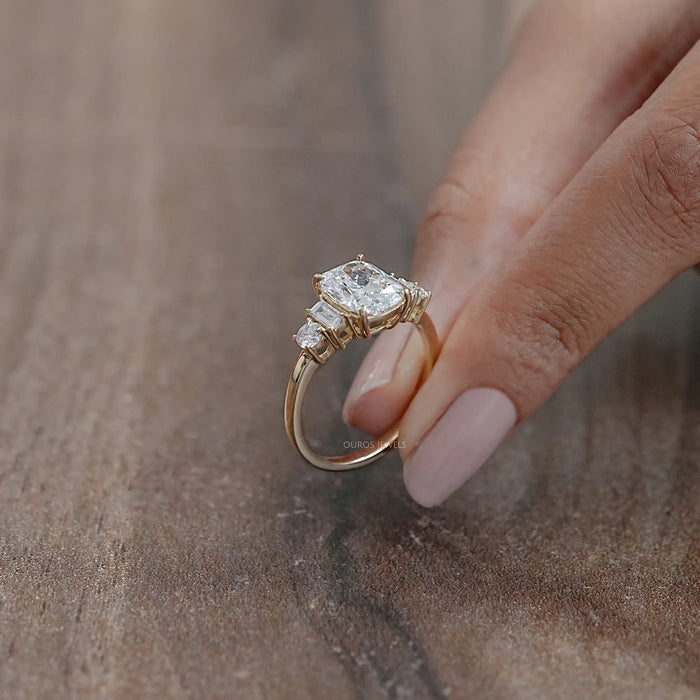 Elongated Cushion And Baguette Diamond Five Stone Engagement Ring