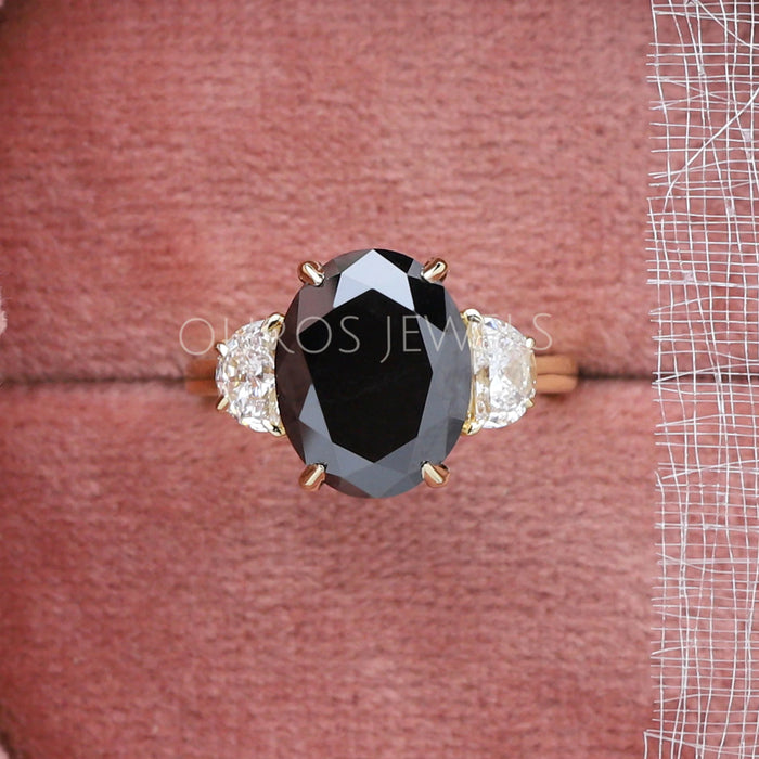 Black Oval Diamond Three Stone Engagement Ring