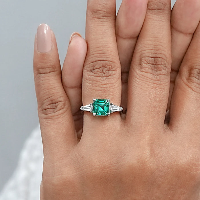 3 Stone Green Asscher Cut Gemstone Ring