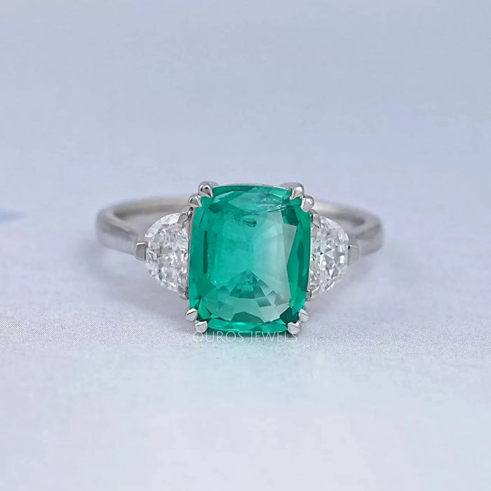 Green Cushion And Half Moon Trio Engagement Ring