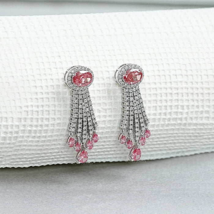 Pink Oval Cut Diamond Chandelier Earrings