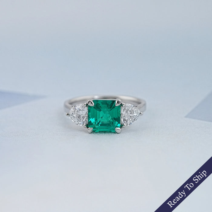Green Asscher Gemstone Three Stone Engagement Ring