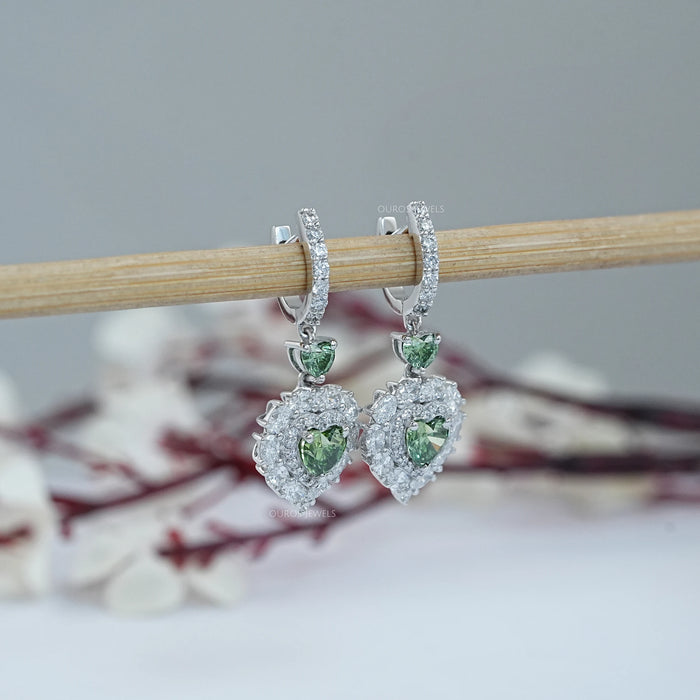 Green Heart Diamond Halo Drop Earrings