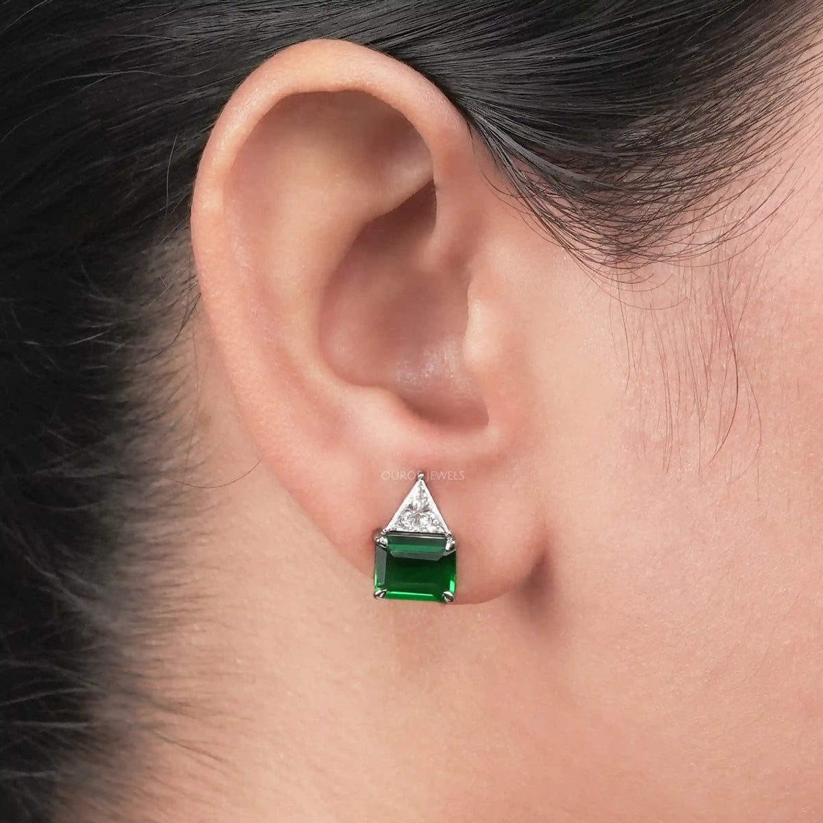 Emerald Green Gemstone and Triangle Diamond Stud Earrings Earring
