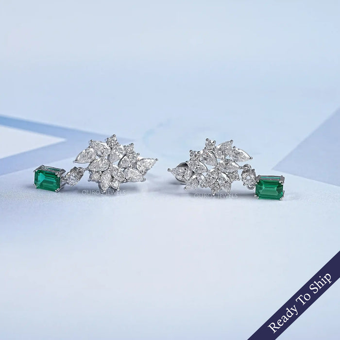 Green Emerald And Lab Diamond Cluster Drop Earrings