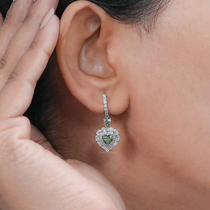 Green Heart Diamond Halo Drop Earrings