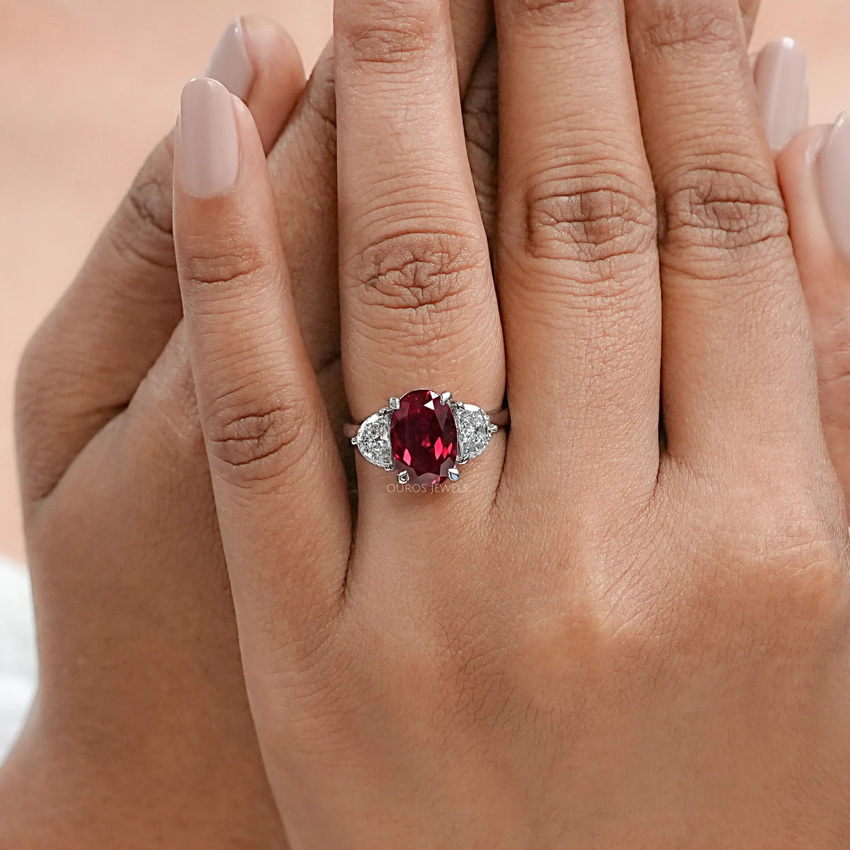 Ruby Oval Gemstone Three Stone Engagement Ring Rings
