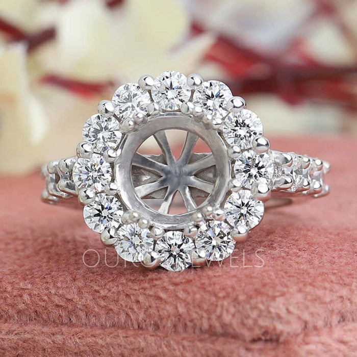 Flower Shape Round Halo Diamond Semi Mount Ring