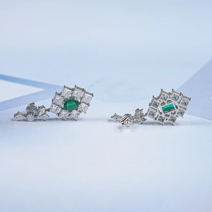 Green Gemstone And Princess Halo Earrings