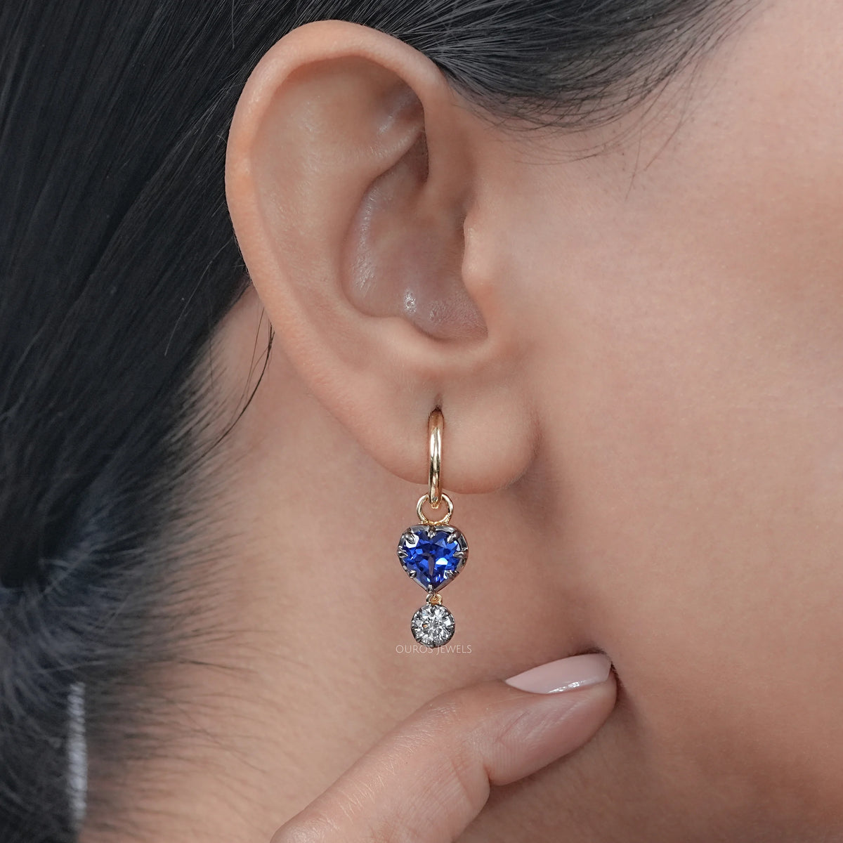 Sapphire Heart And Round Cut Black Coating Huggie Drop Earrings