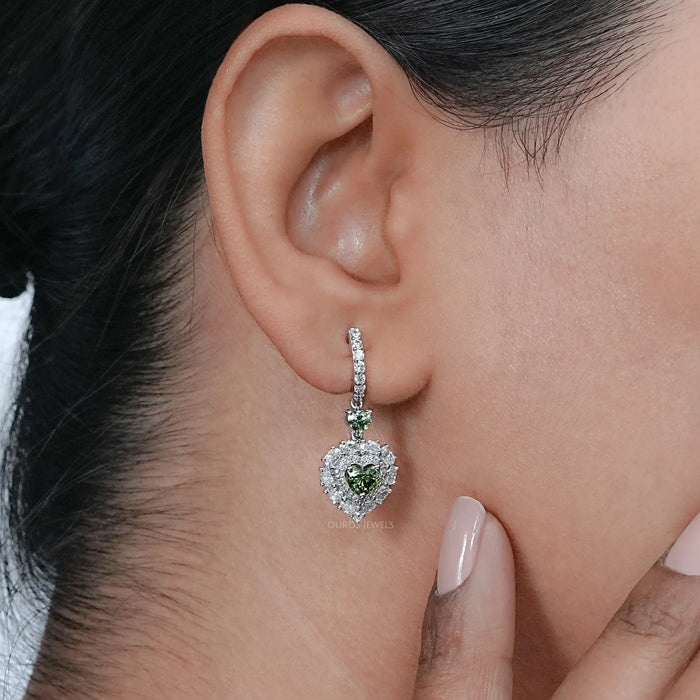 Green Heart Diamond Halo Drop Earrings