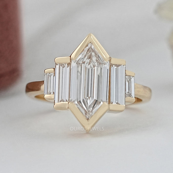 Five Stone Hexagon And Baguette Diamond Half Bezel Set Ring