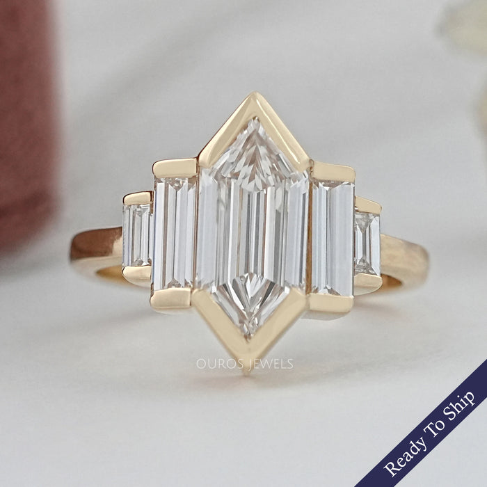Five Stone Hexagon And Baguette Diamond Half Bezel Set Ring