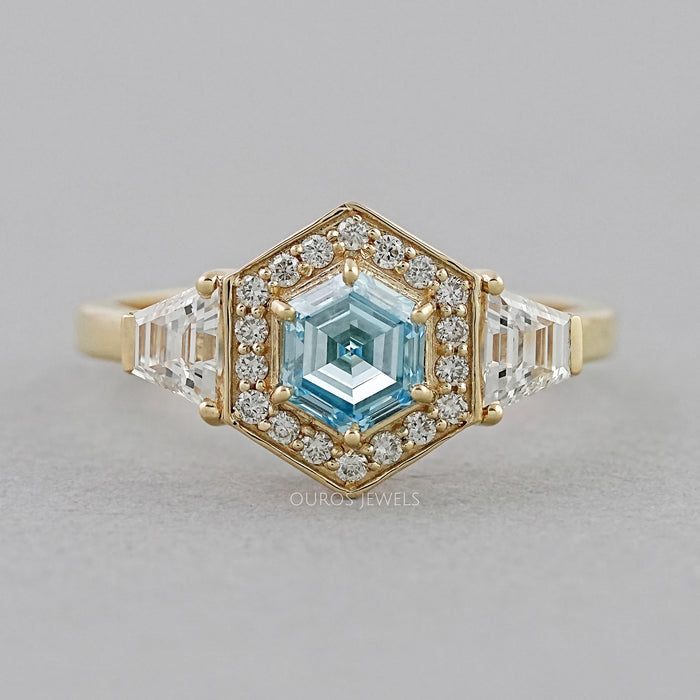 3 Stone Blue Hexagon Cut Halo Diamond Engagement Ring