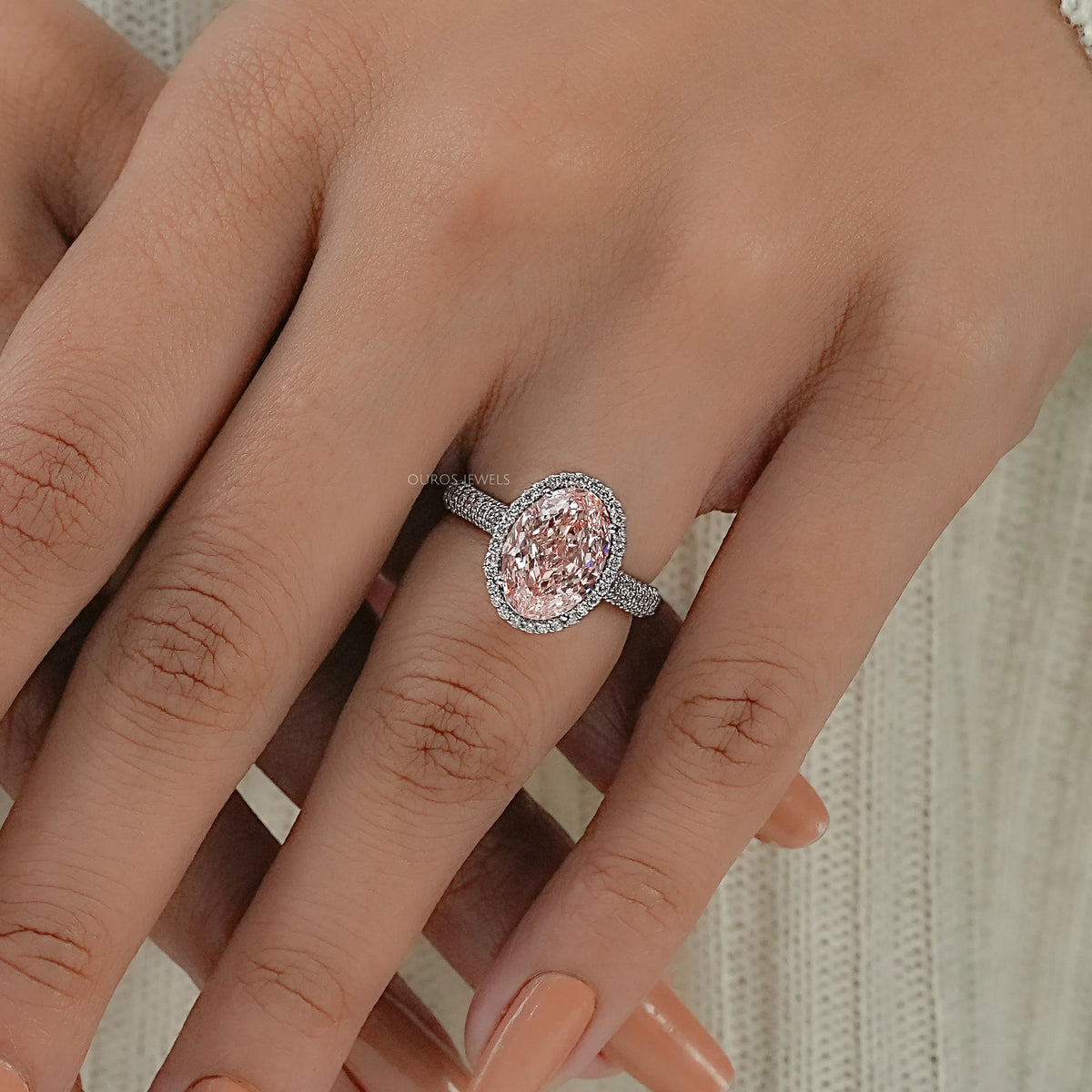 Fancy Pink Oval Diamond Pave Set Accent Ring Ring
