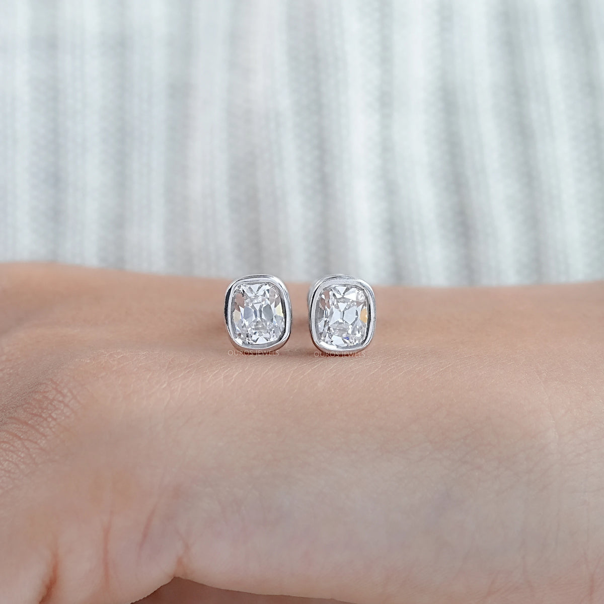 Old Mine Cushion Diamond Bezel Set Stud Earrings Earrings