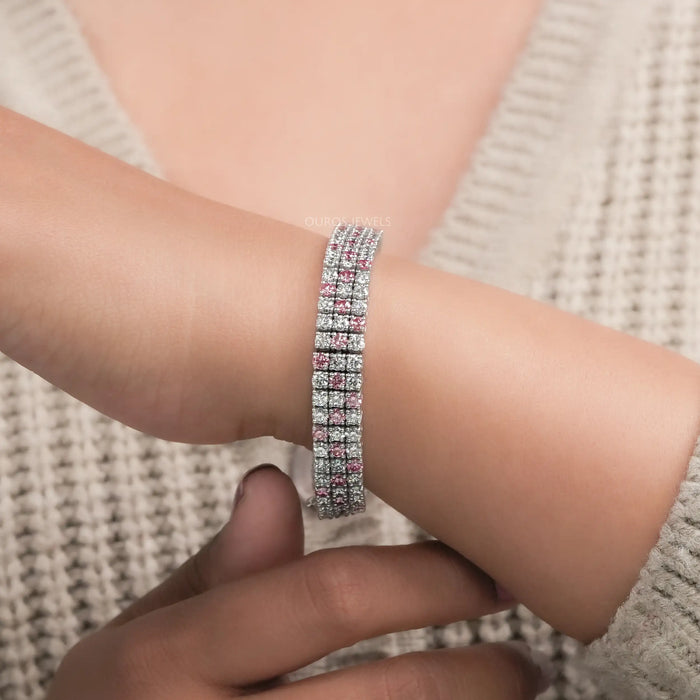 3 Row Pink Round Cut Lab Diamond Bracelet