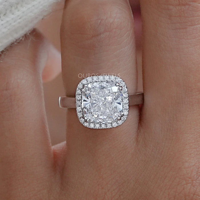 front view of cushion cut lab diamond halo engagement ring