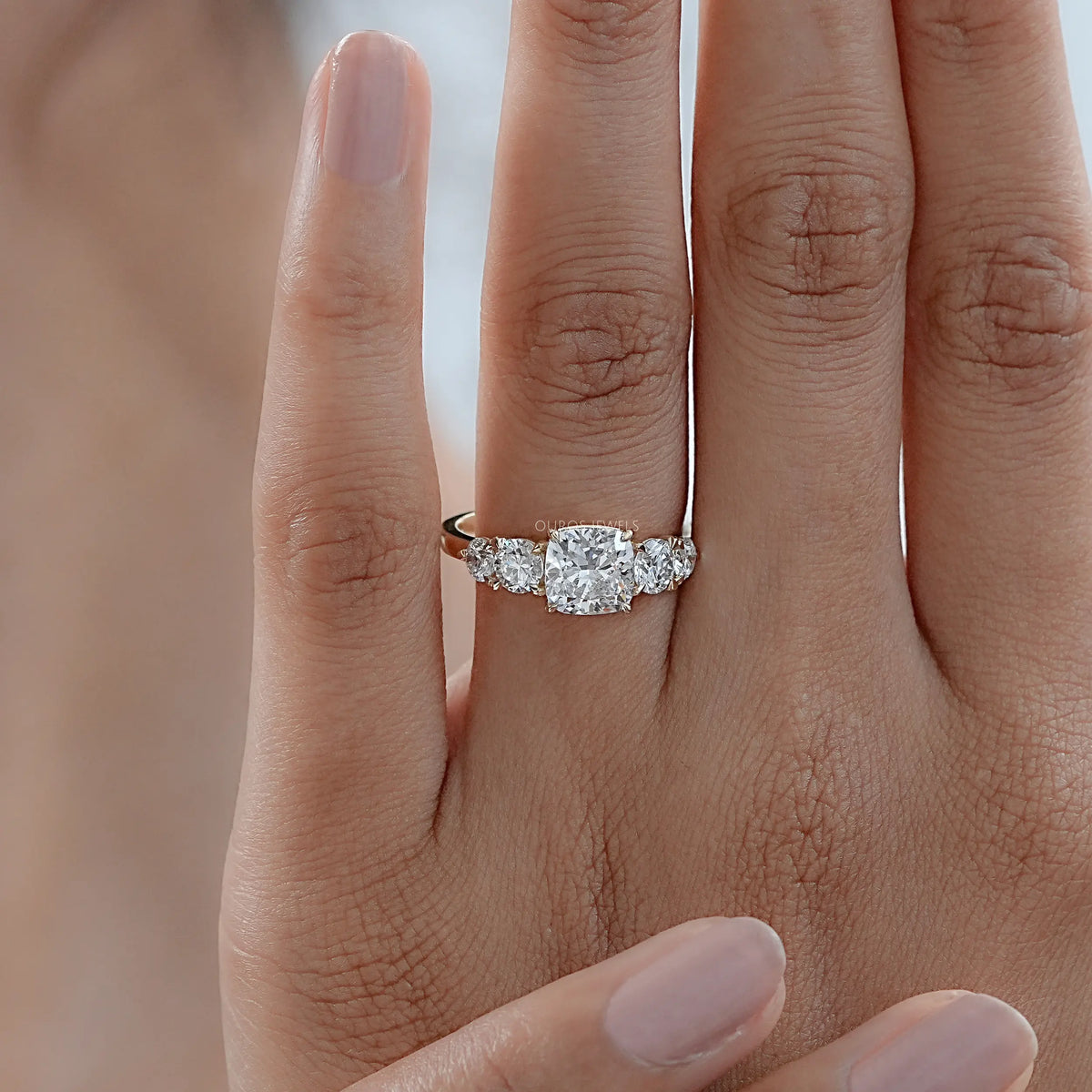 Five Stone Cushion Lab Grown Diamond Engagement Ring Rings