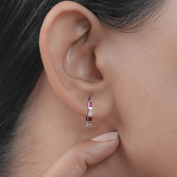 Ruby Tapered Baguette And Lab Diamond Hoop Earrings