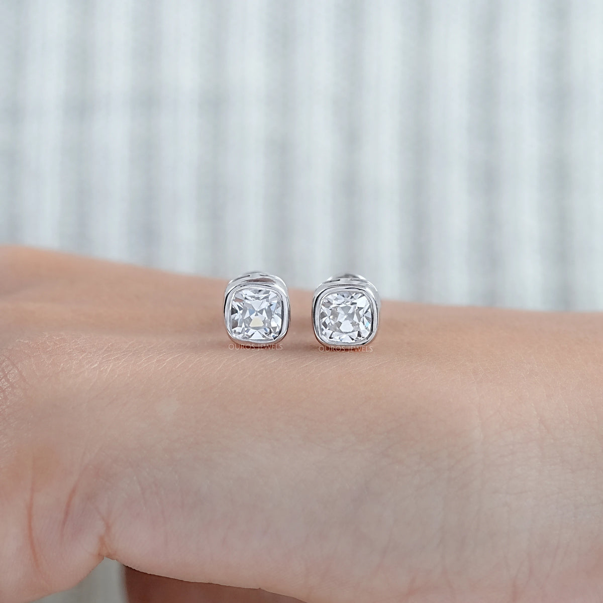 Square Old Mine Cushion Diamond Bezel Stud Earrings Earrings