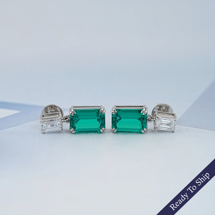 Two Stone Green Emerald Gemstone Drop Earrings
