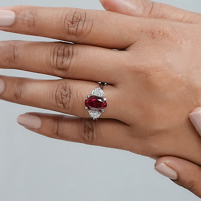 Ruby And Half Moon Diamond Three Stone Ring