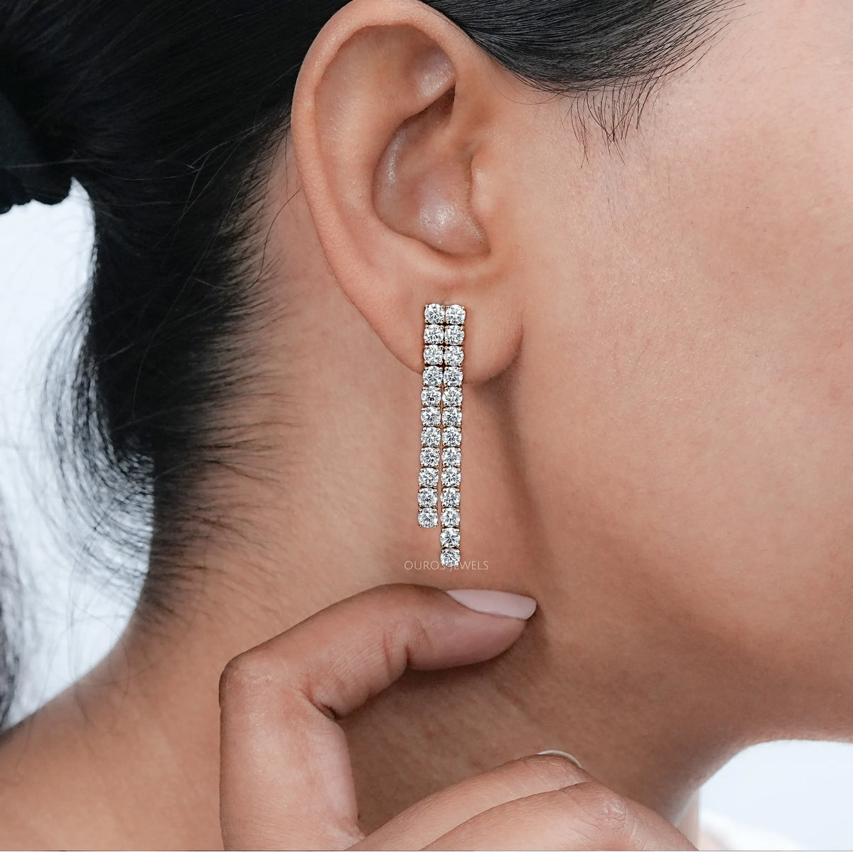 Round Diamond Double Row Drop Earrings