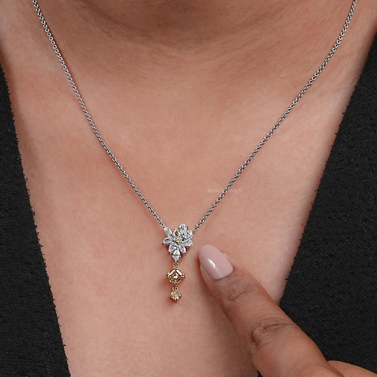 Cluster Diamond Yellow Asscher Cut Pendant Necklaces