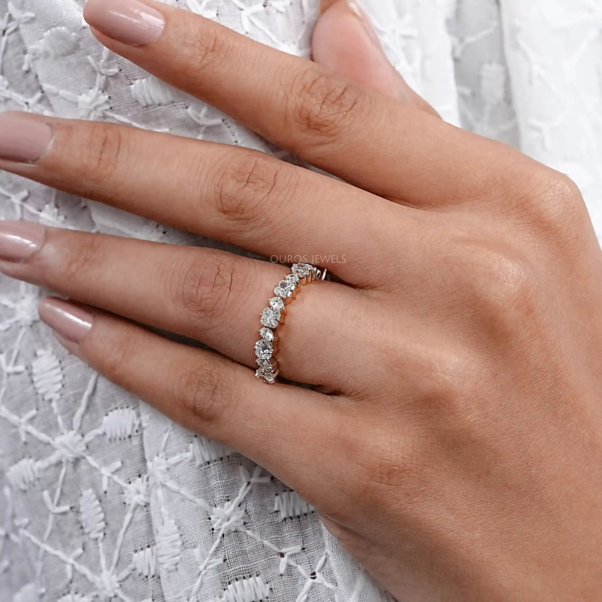 Square Radiant And Pear Cut Lab Diamond Half Eternity Band Rings